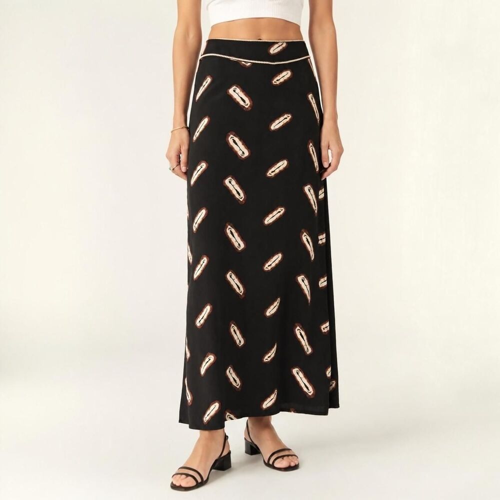 BaSh Cayrel Long Flowing Skirt Women's 6 Black Print Boho Parisian Chic Midi Max